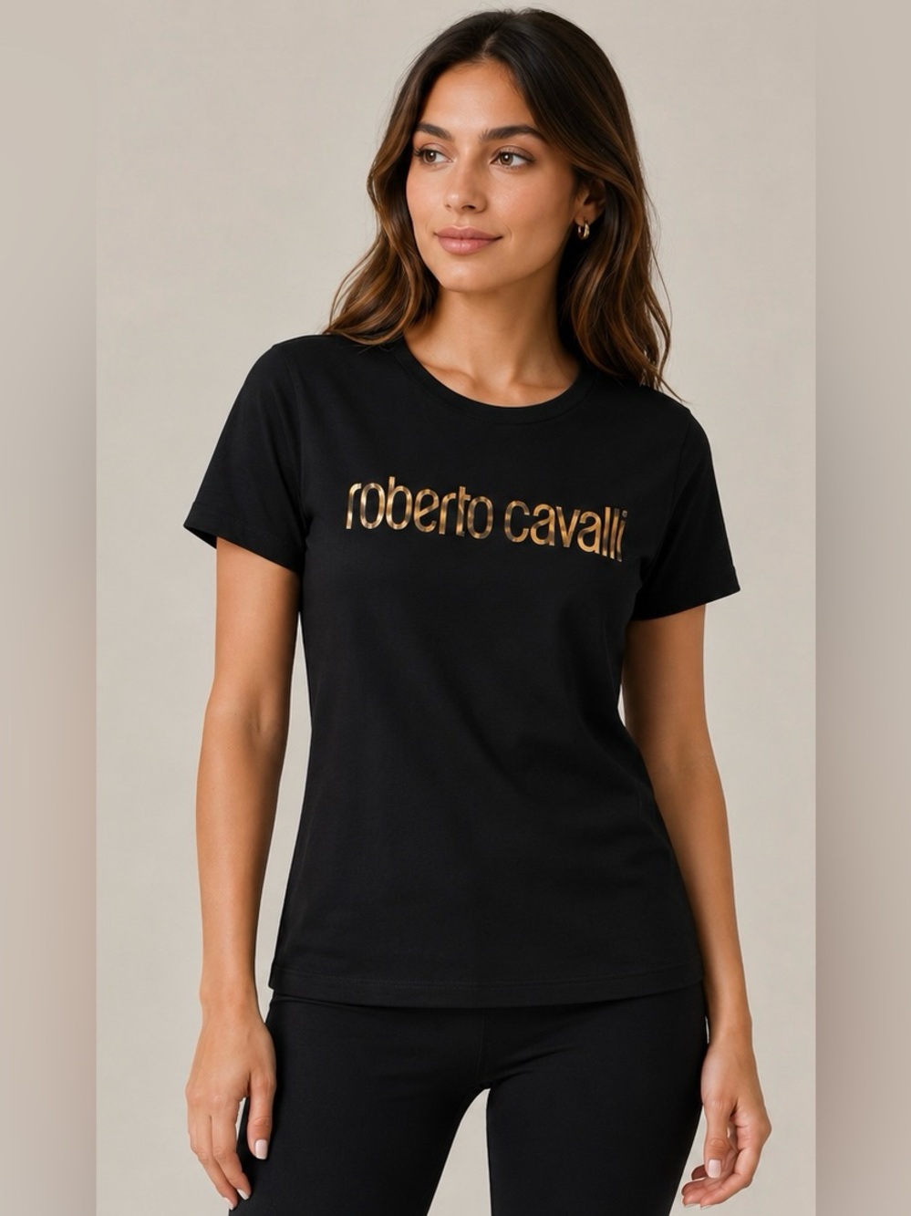 Roberto Cavalli tshirt black large womens short sleeve top logo Gucci leopard